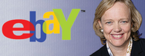 Meg Whitman in front of ebay sign. 